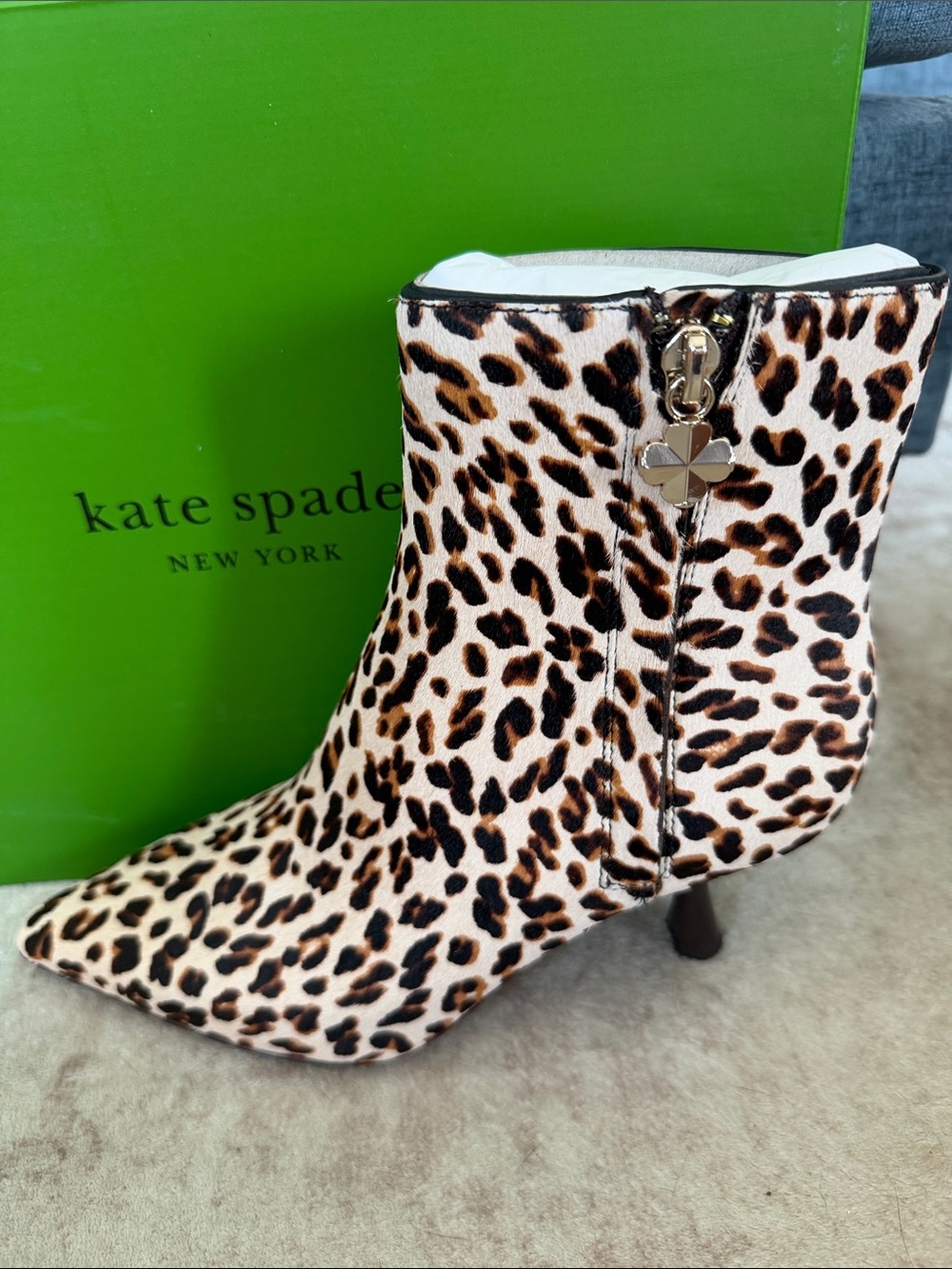 kate spade Adele DowntownLeopard-Print Pointed Ankle Bootie Gold Clover Charm